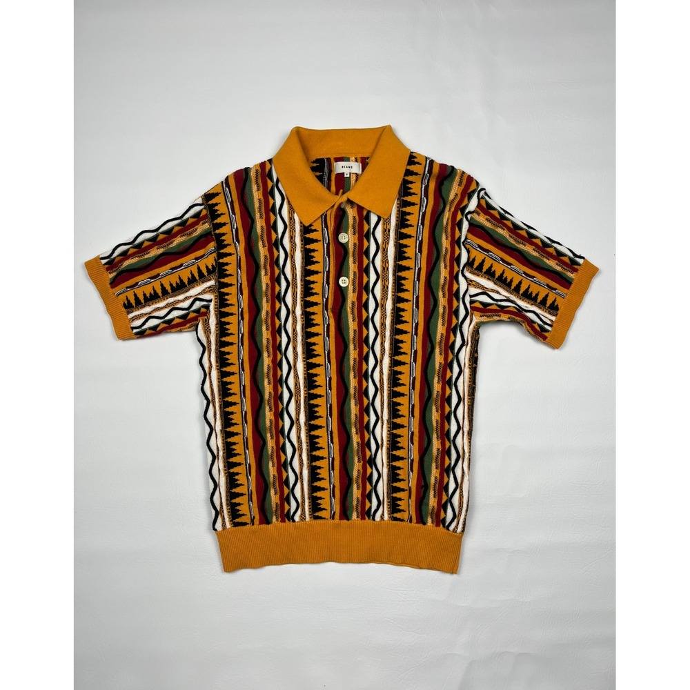 Beams Knit Polo Shirt Mens S Yellow Multi 3D Textured Short Sleeve